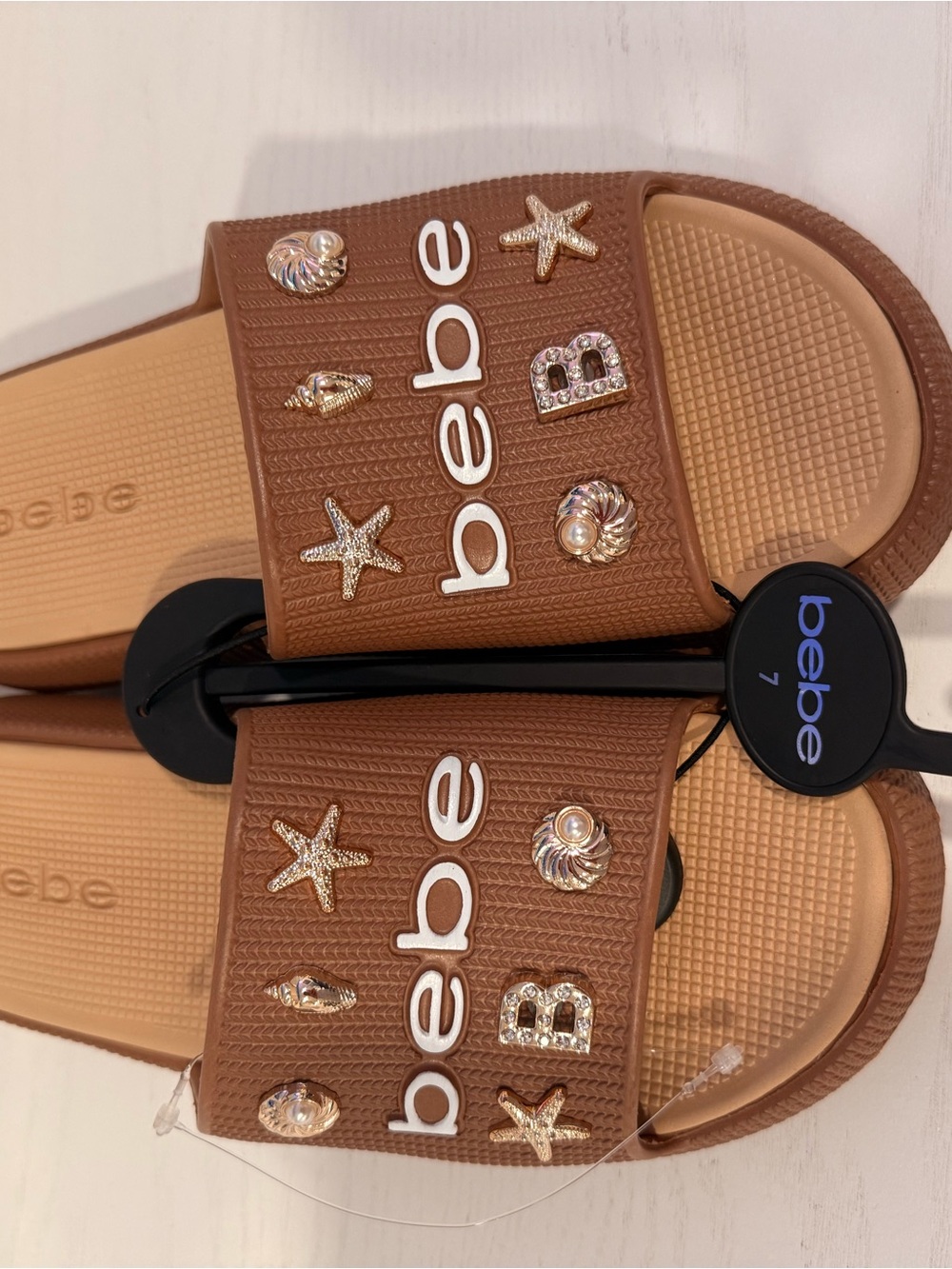 bebe Brown Embellished Slide Sandals with Gold Accents